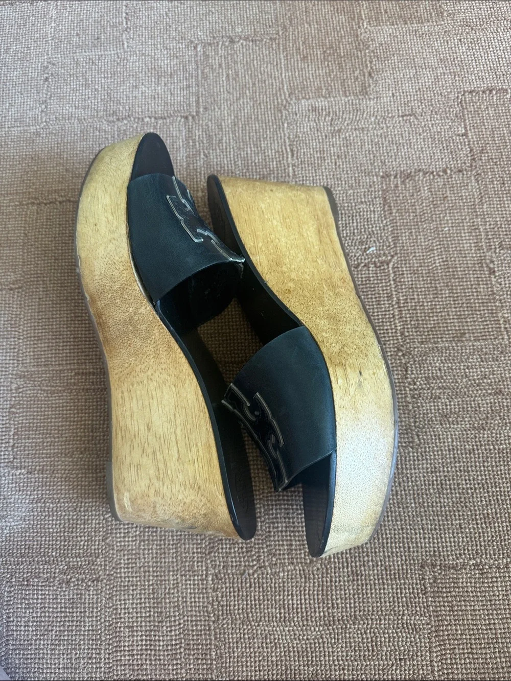 Tory Burch Ines 80 mm Black Leather Logo Slide Wooden Wedge